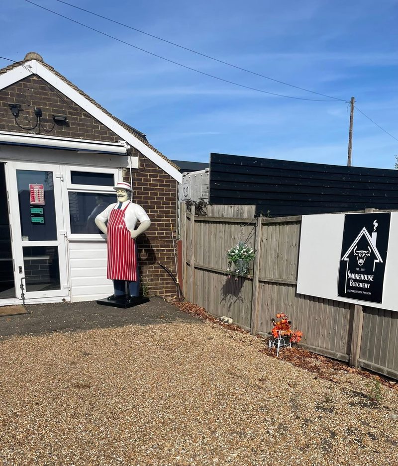 The shop yard at Monkshill Farm, with our butcher out front – Smokehouse Butchery, Faversham